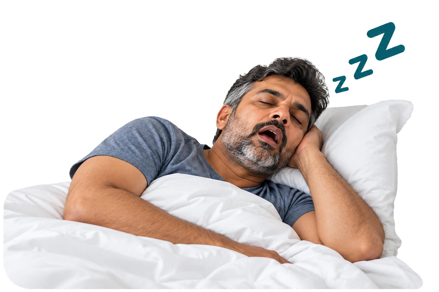 Middle-aged man snoring with his mouth open while asleep — a common sign of sleep apnea